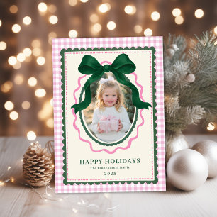 Cartes Pour Fêtes Annuelles Photo de Noël à carreaux roses avec un ruban vert