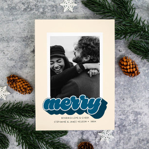 Cartes Pour Fêtes Annuelles Photo de Noël avec écriture rétro bleue Merry