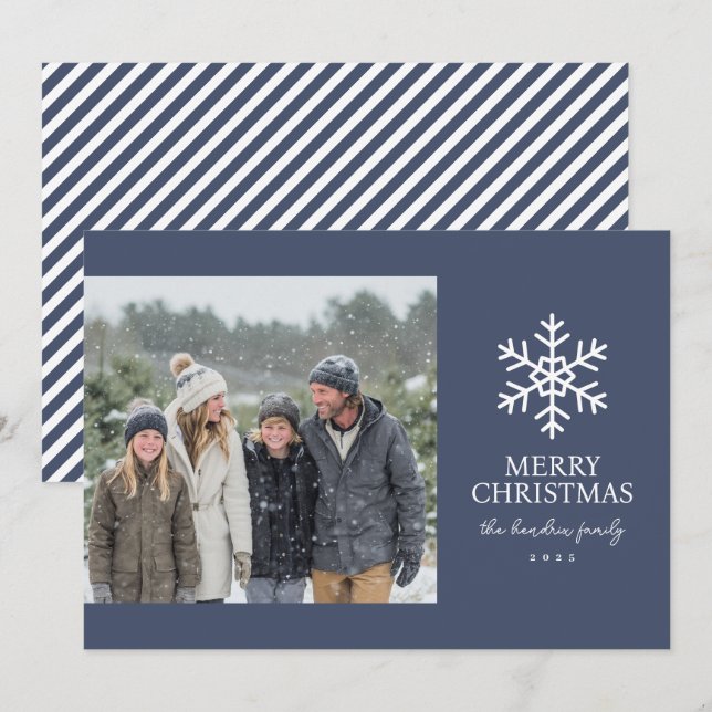 Cartes Pour Fêtes Annuelles Photo de Noël avec flocon de neige moderne Navy (Devant / Derrière)