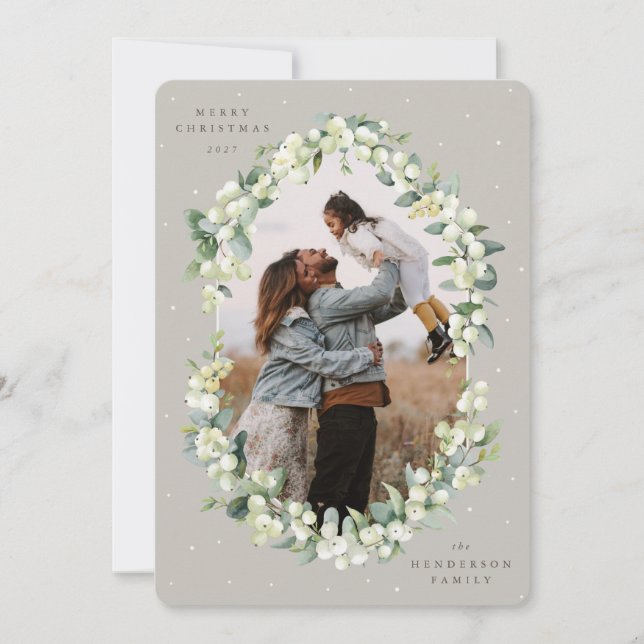 Cartes Pour Fêtes Annuelles Photo de Noël Beige Snowberry+Eucalyptus (Devant)
