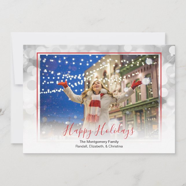 Cartes Pour Fêtes Annuelles Photo de Noël Blanc Bokeh Rouge encadré (Devant)