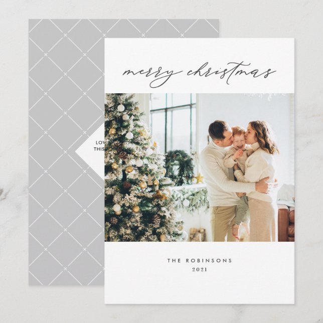 Cartes Pour Fêtes Annuelles Photo de Noël blanc gris élégant moderne (Devant / Derrière)