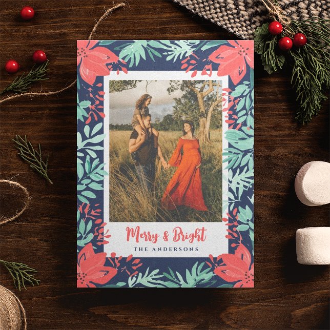 Cartes Pour Fêtes Annuelles Photo de Noël Botanique Rouge Floral Bleu (Créateur téléchargé)