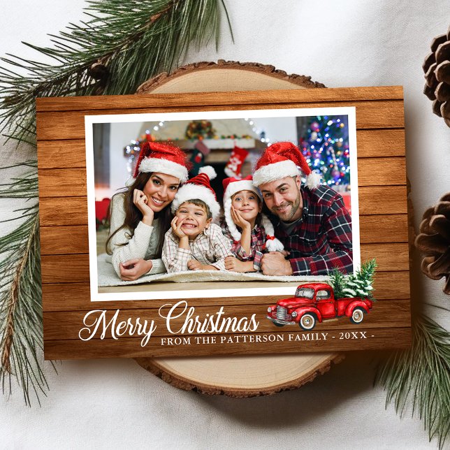 Cartes Pour Fêtes Annuelles Photo de Noël Camion Rouge Bois rustique plié (Available in high quality print or digital download for quick text messaging, email or self print.)