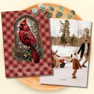 Cartes Pour Fêtes Annuelles Photo de Noël Cardinal Gingham Rouge Foncé Vintage