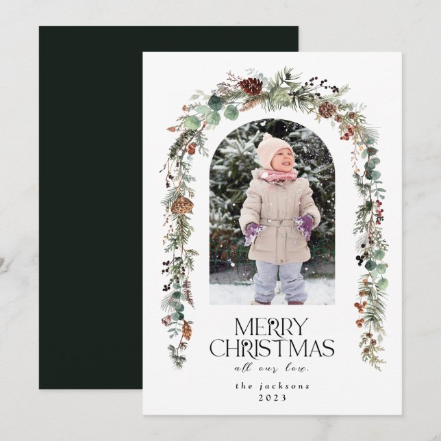 Cartes Pour Fêtes Annuelles Photo de Noël Cèdre de Berries rustique vert (Devant / Derrière)