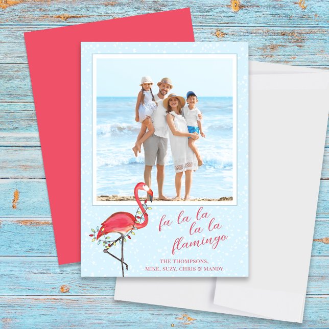 Cartes Pour Fêtes Annuelles Photo de Noël Cute Beach Flamant rose tropical ros (Christmas photo card with cute pink flamingo and holiday string lights. )