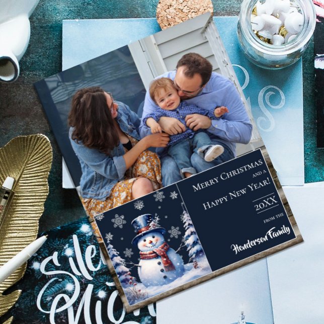 Cartes Pour Fêtes Annuelles Photo de Noël de la forêt d'hiver (Winter Forest Snowman Christmas Photo Holiday Card)