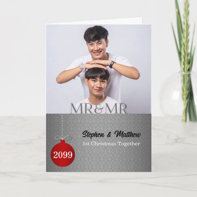 Cartes Pour Fêtes Annuelles Photo de Noël de M. et M. 1er Damassé d'argent (Devant)