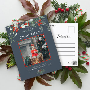 Cartes Pour Fêtes Annuelles Photo de Noël de verdure Aquarelle bleu ardoise
