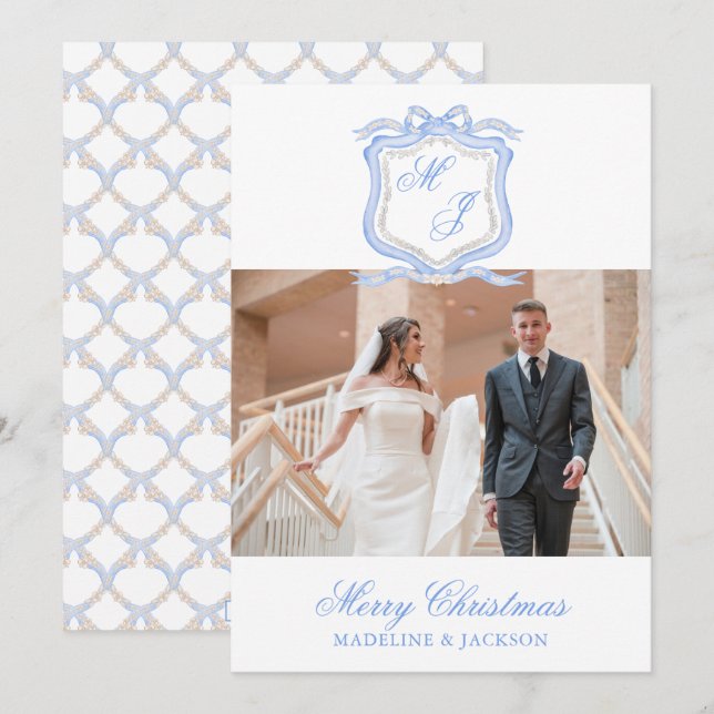 Cartes Pour Fêtes Annuelles Photo de Noël du concepteur d'aquarelle bleu (Devant / Derrière)