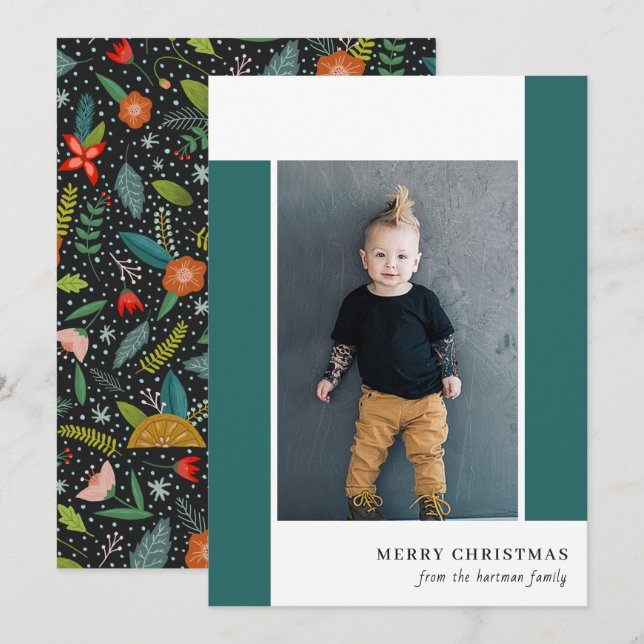 Cartes Pour Fêtes Annuelles Photo de Noël en sarcelle floral et citrus rétro g (Devant / Derrière)