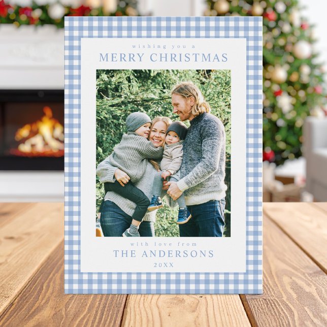 Cartes Pour Fêtes Annuelles Photo de Noël En vichy bleu (Créateur téléchargé)