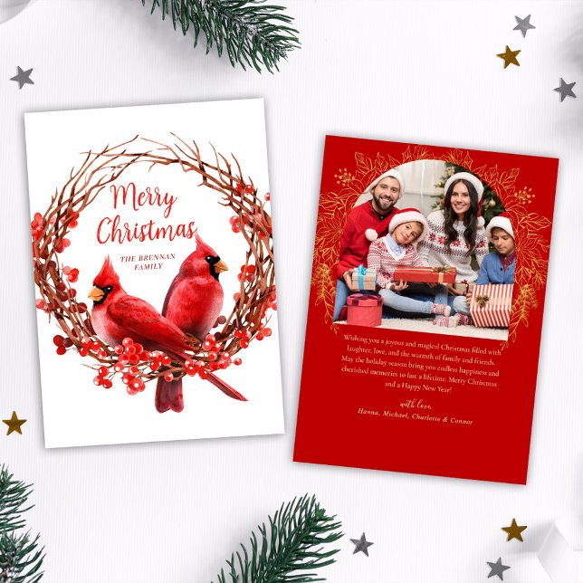 Cartes Pour Fêtes Annuelles Photo de Noël Festive Wreath Red Cardinal (Christmas Photo Festive Wreath Red Cardinal Holiday Card)
