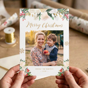 Cartes Pour Fêtes Annuelles Photo de Noël Floral Hivernal Pailleté Or