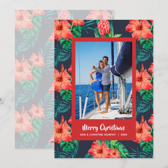 Cartes Pour Fêtes Annuelles Photo de Noël florale tropicale (Devant / Derrière)