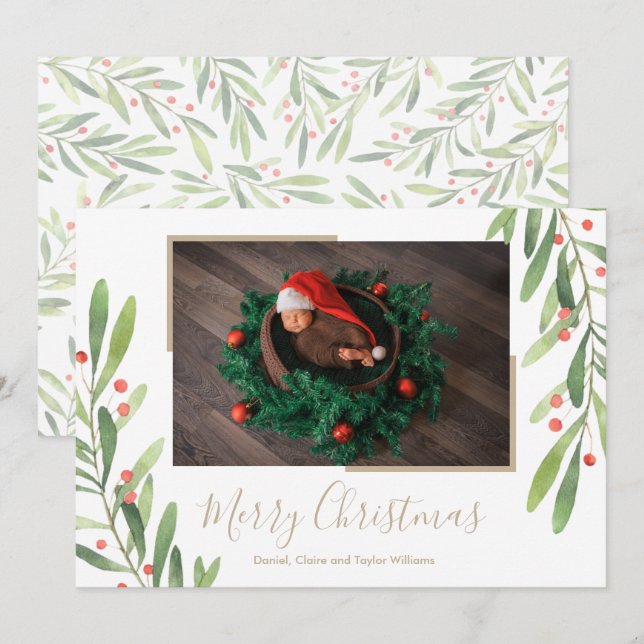 Cartes Pour Fêtes Annuelles Photo de Noël Holly et Berries (Devant / Derrière)