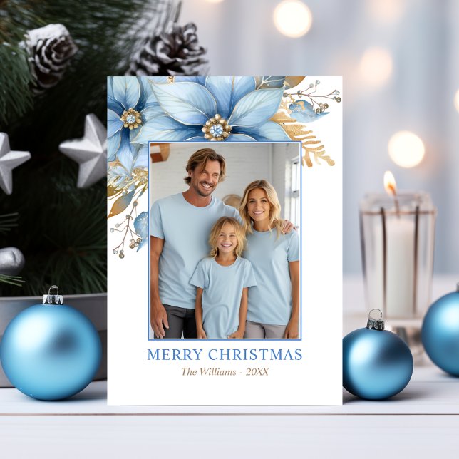 Cartes Pour Fêtes Annuelles Photo de Noël Icy Blue Gold Poinsettia (Unique Icy Blue Gold Poinsettia Christmas PHOTO Holiday Card)