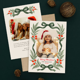 Cartes Pour Fêtes Annuelles Photo de Noël joyeux avec ruban de verdure à l'aqu