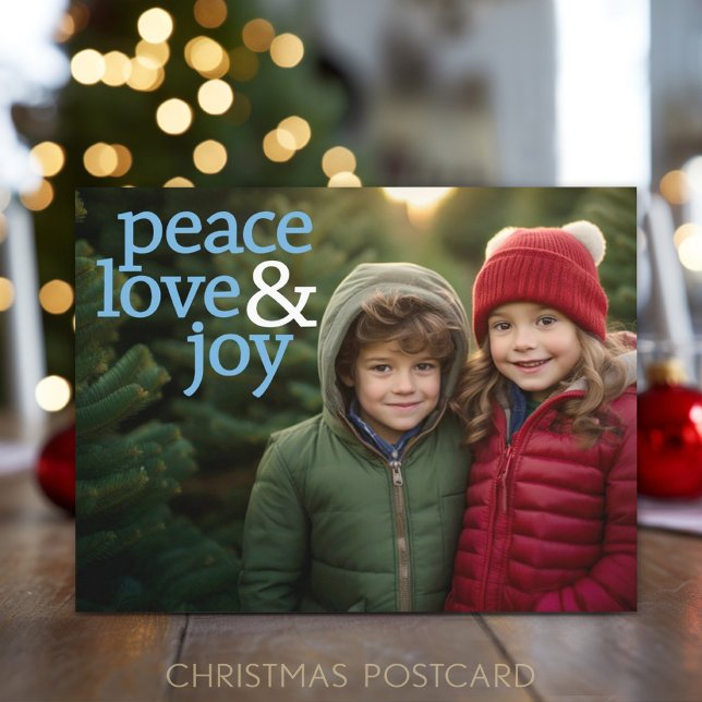 Cartes Pour Fêtes Annuelles Photo de Noël - Modern Peace Love and Joy (A simple holiday postcard with one full coverage photo on the front. Subject to the right)