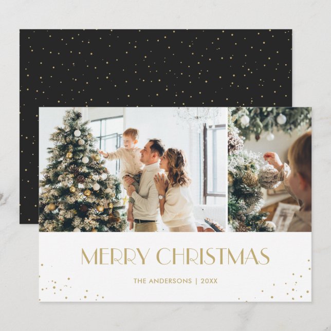 Cartes Pour Fêtes Annuelles Photo de Noël moderne Black Gold Snow Joyeux (Devant / Derrière)