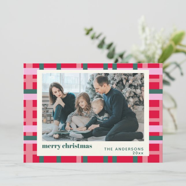 Cartes Pour Fêtes Annuelles Photo de Noël moderne Plaid Rouge Vert Personnalis (Debout devant)
