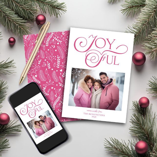 Cartes Pour Fêtes Annuelles Photo de Noël moderne rose vif (Modern Bright Pink Joyful Christmas Photo Holiday Card)
