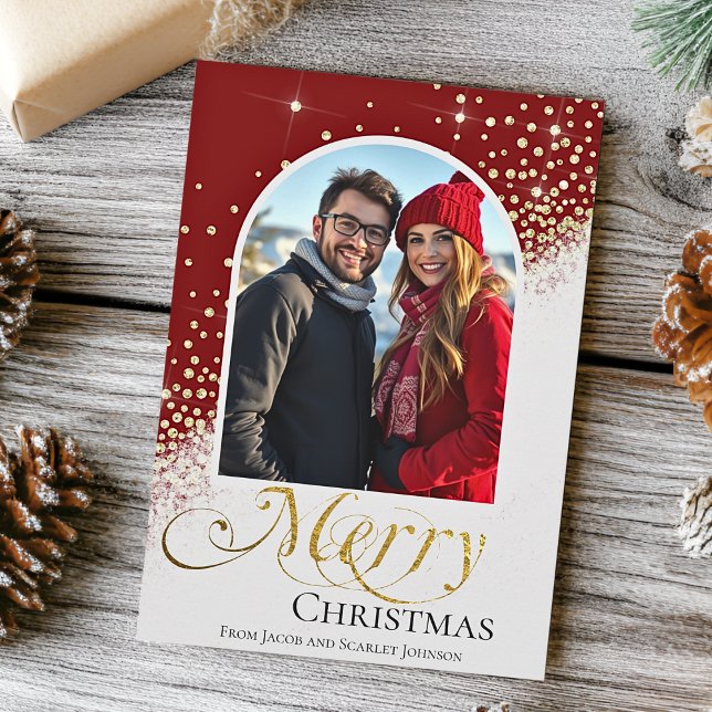 Cartes Pour Fêtes Annuelles Photo de Noël moderne rouge et blanc étincelant (Créateur téléchargé)