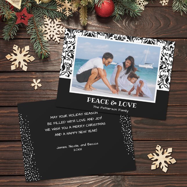 Cartes Pour Fêtes Annuelles Photo de Noël noir et blanc (Black and white damask design Christmas photo holiday cards, PRINTED and/or INSTANT DOWNLOAD)