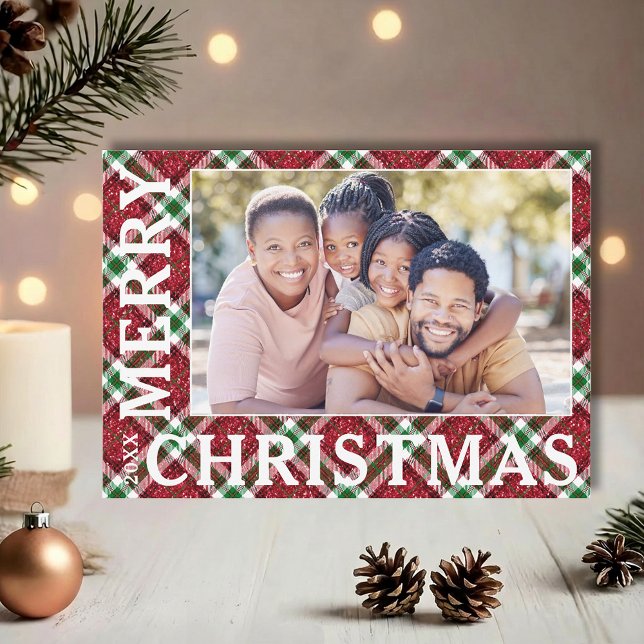 Cartes Pour Fêtes Annuelles Photo de Noël Plaid (Stylish Merry Christmas in white on plaid photo holiday cards, PRINTED and/or INSTANT DOWNLOAD)