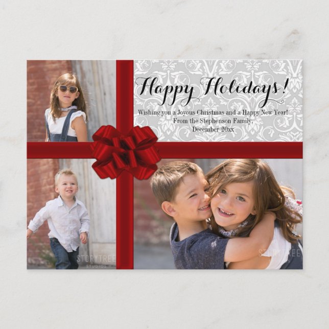 Cartes Pour Fêtes Annuelles Photo de Noël Red Ribbon Bow (Devant)
