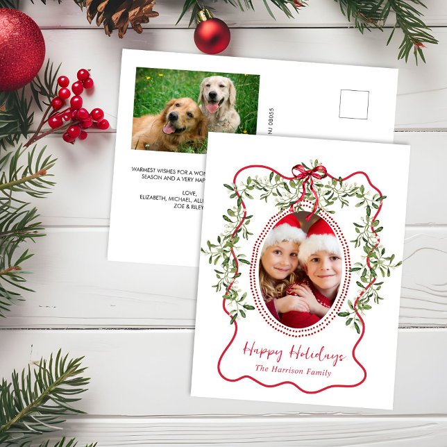 Cartes Pour Fêtes Annuelles Photo de Noël Red Wavy Frame Bow Green (Créateur téléchargé)