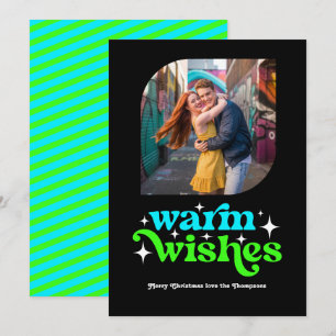 Cartes Pour Fêtes Annuelles Photo de Noël Rétro Bleu Électrique et Vert Néon