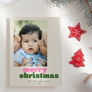 Cartes Pour Fêtes Annuelles Photo de Noël rétro moderne rose et vert