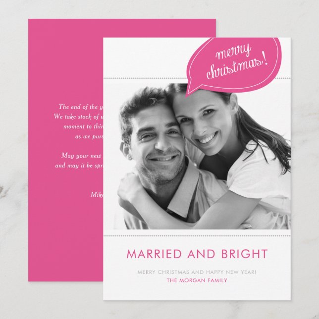 Cartes Pour Fêtes Annuelles Photo de Noël rose marié et Mariage brillant (Devant / Derrière)