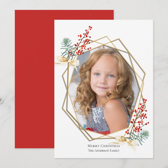 Cartes Pour Fêtes Annuelles Photo de Noël Rouge Berries Gold Cadre géométrique (Devant / Derrière)