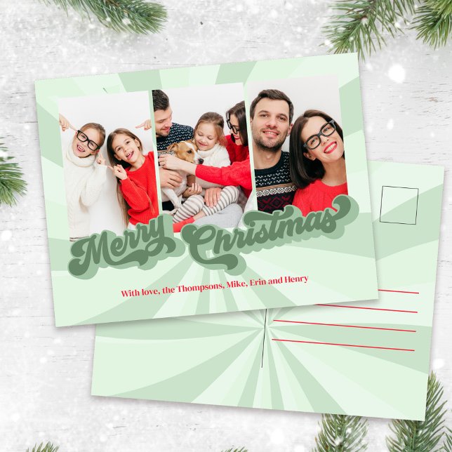 Cartes Pour Fêtes Annuelles Photo de Noël rouge et verte Retro (Bold whimsical retro style Merry Christmas photo postcard)