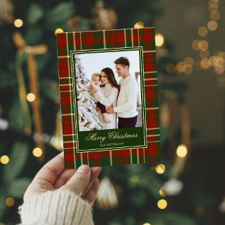 Cartes Pour Fêtes Annuelles photo de Noël rouge vert carreau pin nœud élégant