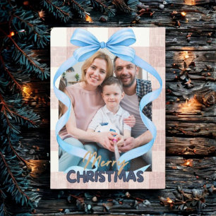 Cartes Pour Fêtes Annuelles Photo de Noël vintage avec un nœud bleu aquarelle