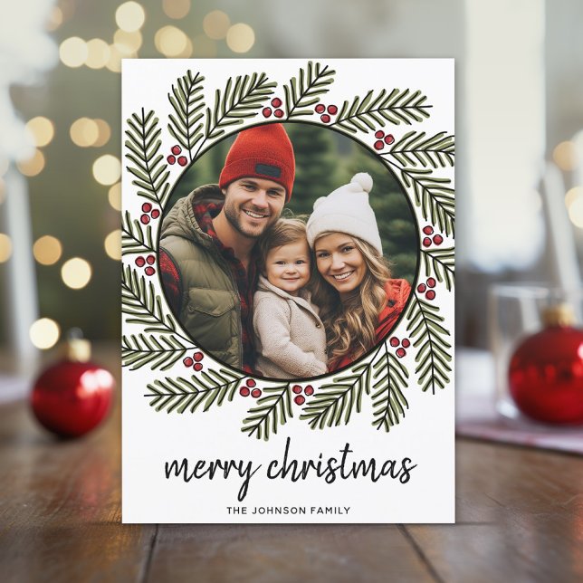 Cartes Pour Fêtes Annuelles Photo de Noël Whimsical - Calligraphie - Branches (Whimsical Christmas Card with a Circle and Pine Branch Wreath)