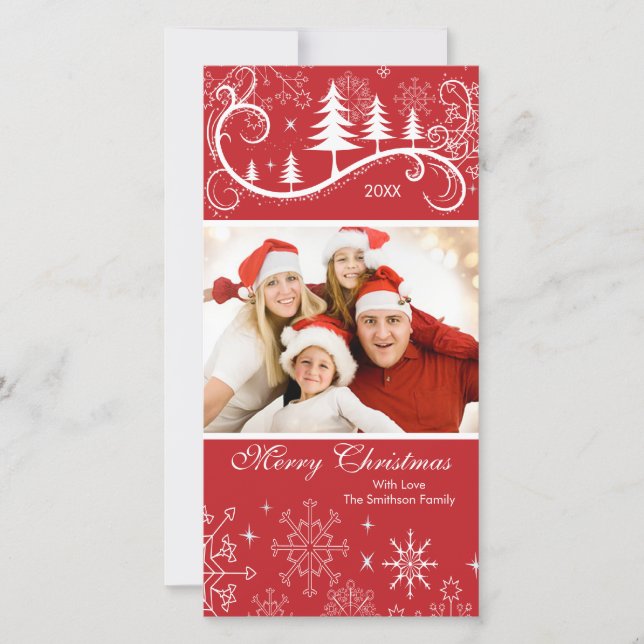 Cartes Pour Fêtes Annuelles Photo de Snowflakes et Trees Merry Christmas Famil (Devant)