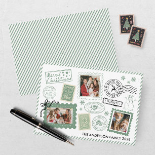 Cartes Pour Fêtes Annuelles Photo de timbre-poste vert vintage Noël