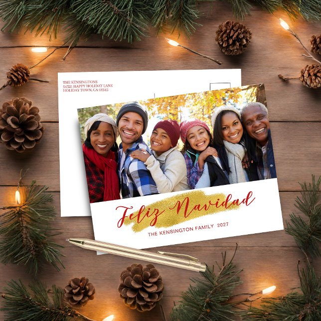 Cartes Pour Fêtes Annuelles Photo de vacances de Feliz Navidad Gold (Modern Feliz Navidad Gold Foil Swash Holiday Photo Postcard)