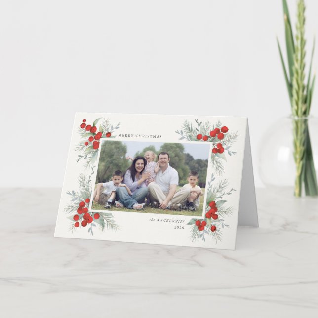 Cartes Pour Fêtes Annuelles Photo de vacances de Noël avec des baies rouges pe (Devant)
