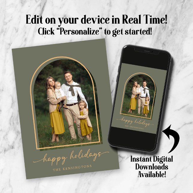 Cartes Pour Fêtes Annuelles Photo de vacances vert et or d'arche élégante (Elegant Arch Green Gold Holiday Photo Card. Personalize in real time! Instant downloads available!)