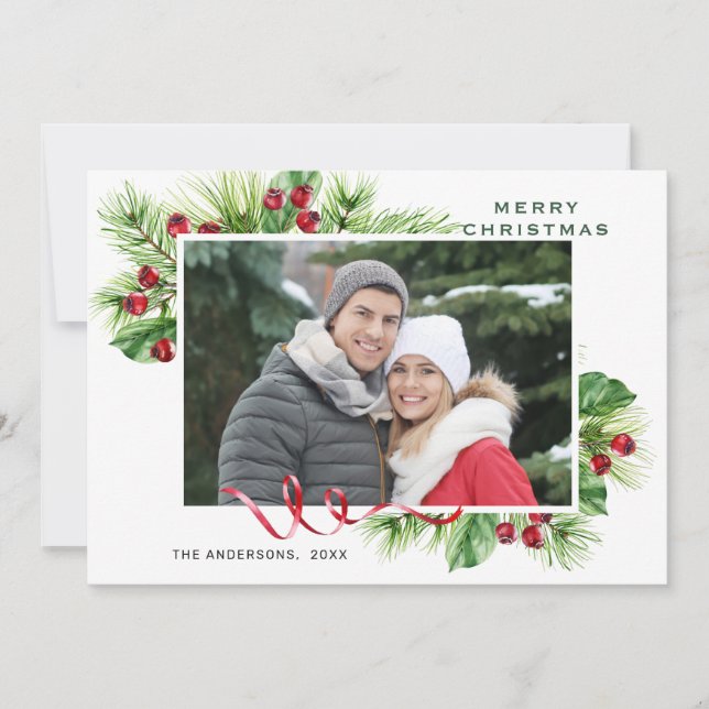 Cartes Pour Fêtes Annuelles Photo de vœux de Noël avec des baies de houx festi (Devant)