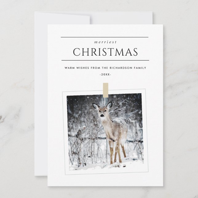 CARTES POUR FÊTES ANNUELLES PHOTO D'HIVER MINIMALE SNOW DEER MERRIEST NOËL (Devant)
