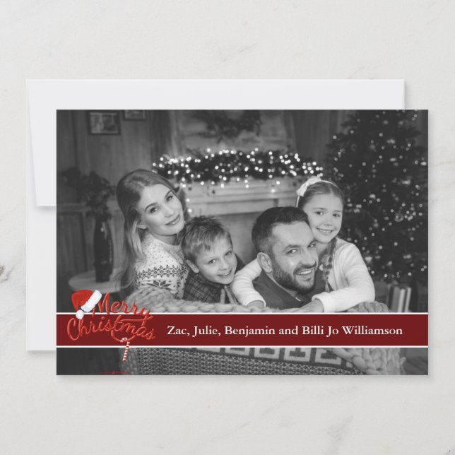 Cartes Pour Fêtes Annuelles Photo en noir et blanc avec un bonnet de Père Noël (Devant)