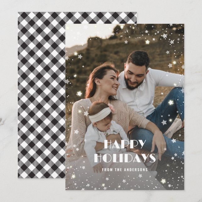 Cartes Pour Fêtes Annuelles Photo étoilé à plaid buffle noir et blanc (Devant / Derrière)