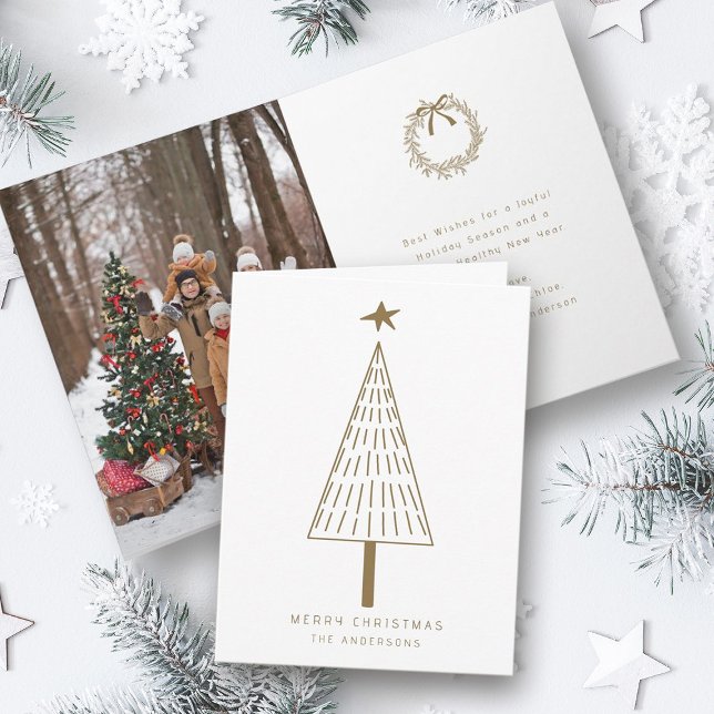 Cartes Pour Fêtes Annuelles Photo Gold Modern Christmas Pine Tree (Front & Inside)